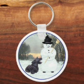 Blijde Scottish Terrier & Sneeuwman Sleutelhanger (Voorkant)