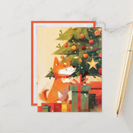 Blijde Shiba Inu naast Kerstboom en Cadeaus Briefkaart