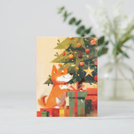 Blijde Shiba Inu naast Kerstboom en Cadeaus Feestdagenkaart