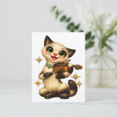 Blijde Siamese Kat die Viool Speelt Retro Middelee Briefkaart (Staand voorkant)