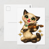 Blijde Siamese Kat die Viool Speelt Retro Middelee Briefkaart (Voorkant / Achterkant)