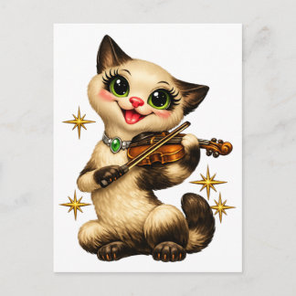 Blijde Siamese Kat die Viool Speelt Retro Middelee Briefkaart