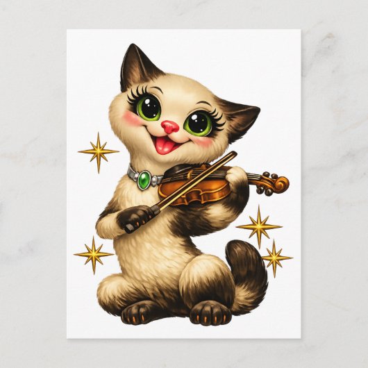 Blijde Siamese Kat die Viool Speelt Retro Middelee Briefkaart (Voorkant)