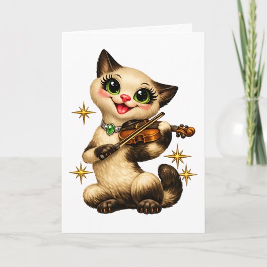 Blijde Siamese Kat die Viool Speelt Retro Middelee Kaart (Voorkant)