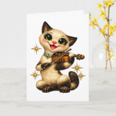 Blijde Siamese Kat die Viool Speelt Retro Middelee Kaart (Gele Bloem)