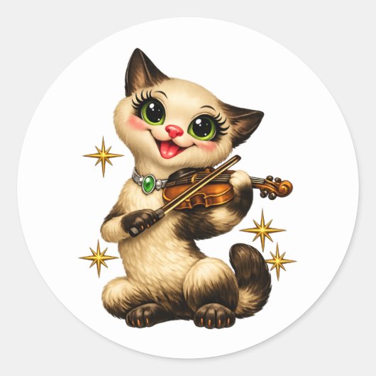 Blijde Siamese Kat die Viool Speelt Retro Middelee Ronde Sticker (Voorkant)