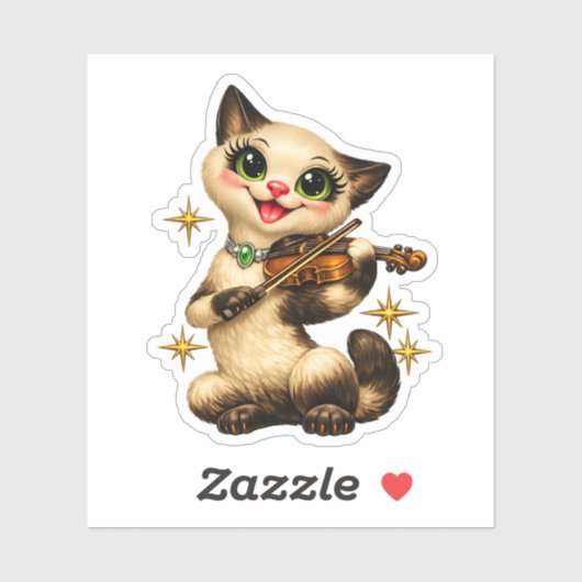 Blijde Siamese Kat die Viool Speelt Retro Middelee Sticker (Vel)