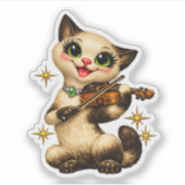 Blijde Siamese Kat die Viool Speelt Retro Middelee Sticker (Voorkant)