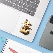 Blijde Siamese Kat die Viool Speelt Retro Middelee Sticker (Laptop met iPhone)