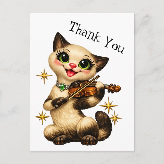 Blijde Siamese Kat Vioolspelend Retro Dank Je Briefkaart (Voorkant)