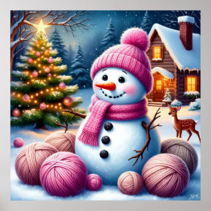 Blijde Sneeuwman bij Kerstboom in een Koele Winter Poster
