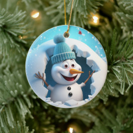 Blijde sneeuwman die van de winter geniet. keramisch ornament