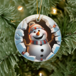Blijde sneeuwman die van de winter geniet. keramisch ornament