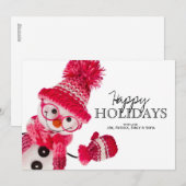 Blijde Sneeuwman met een Bril in Gebreide Roze Hoe Feestdagenkaart (Voorkant / Achterkant)