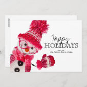 Blijde Sneeuwman met een Gebreide Roze Hoed en Bri Feestdagenkaart (Voorkant / Achterkant)