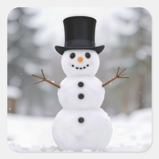 Blijde Sneeuwman met een hoge hoed Vierkante Sticker (Voorkant)