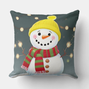 Blijde Sneeuwman met Sterretjes en Kerstman Hoed Kussen