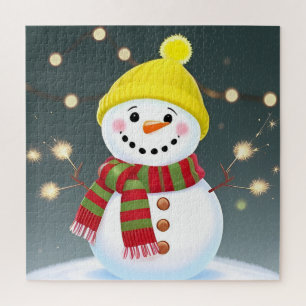 Blijde Sneeuwman met Sterretjes en Kerstman Hoed Legpuzzel