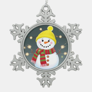 Blijde Sneeuwman met Sterretjes en Kerstman Hoed Tin Sneeuwvlok Ornament
