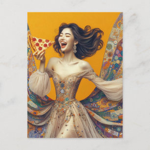 Blijde Vrouw Met Pizza Kleurrijk Uniek Briefkaart