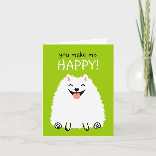 Blijde Witte Pomeranian met Aangepaste Tekst Kaart (Voorkant)