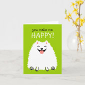 Blijde Witte Pomeranian met Aangepaste Tekst Kaart (Gele Bloem)