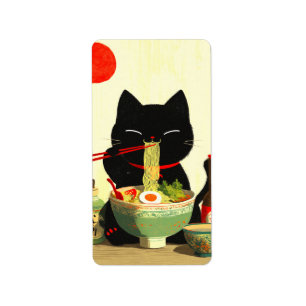 Blijde Zwarte Kat Eet Ramen Japanse Ukiyo-e Etiket