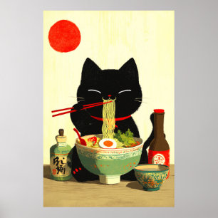 Blijde Zwarte Kat Eet Ramen Japanse Ukiyo-e Poster