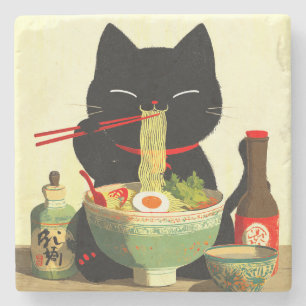 Blijde Zwarte Kat Eet Ramen Japanse Ukiyo-e Stenen Onderzetter