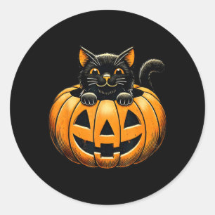 Blijde Zwarte Kat In Pompoen Halloween Kostuum Voo Ronde Sticker