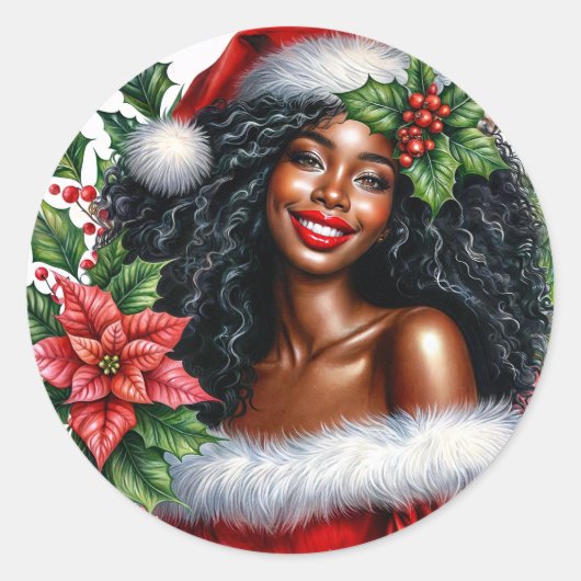 Blijde Zwarte Vrouw Kerstmis Ronde Sticker (Voorkant)