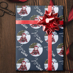 Blijdschap aan de Wereld Script Ronde Foto's Blauw Cadeaupapier