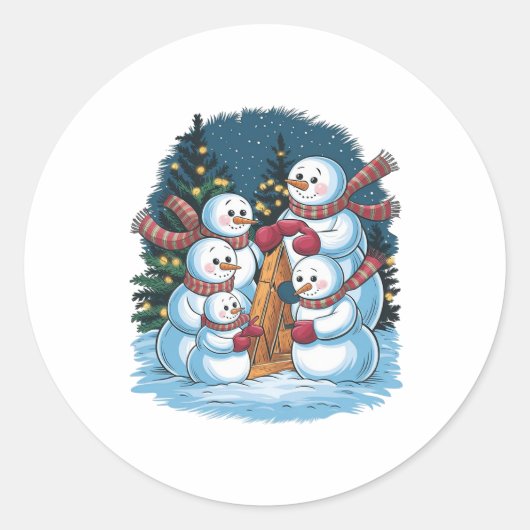 Blije sneeuwman familie ronde sticker (Voorkant)