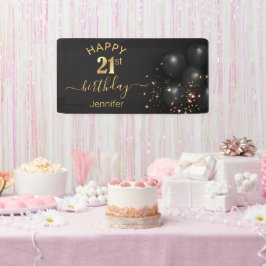 blije verjaardag 21 gouden zwarte ballonnen confet spandoek