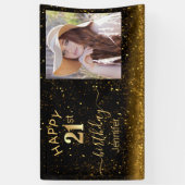 blije verjaardag 21 gouden zwarte glitters foto ch spandoek (Verticaal)