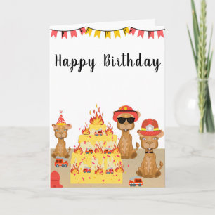 blije verjaardag kameelbrandweerman gele taart kaart