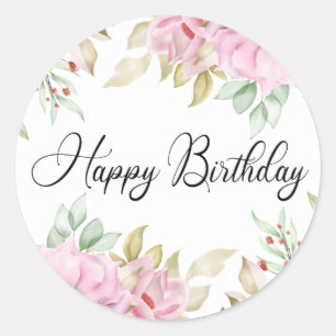blije verjaardag waterverf florroze modern ronde sticker