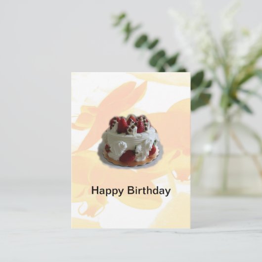 blije verjaardagsaardbei, chocoladetaart briefkaart (Staand voorkant)