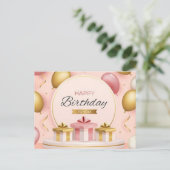 blije verjaardagsgeschenken houden van taart goudr briefkaart (Staand voorkant)