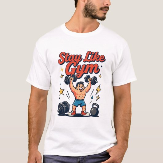 Blijf als gym workout cartoon ontwerp t-shirt (Voorkant)