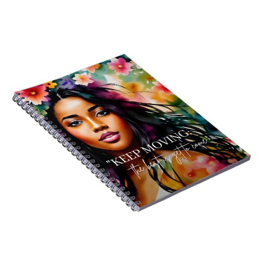 Blijf bewegen Melanin Vrouw Aanmoediging Quote Notitieboek (Rechterzijde)