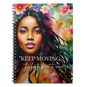 Blijf bewegen Melanin Vrouw Aanmoediging Quote Notitieboek