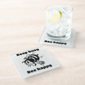 Blijf bezig Wees blij Bee Motivatie Cartoon Glazen Onderzetter (Schuin)