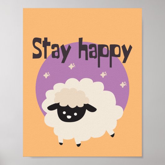 Blijf blij Kawaii leuk, grappig, wit schaap paars Poster (Voorkant)