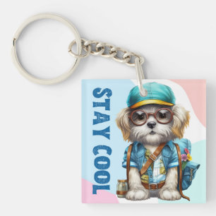 Blijf cool dog met een bril Pet terug naar school Sleutelhanger