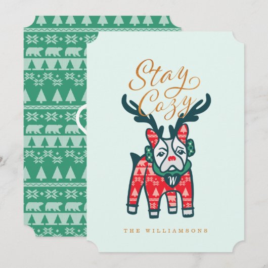 Blijf Cozy | Frans Bulldog Reindekerst Feestdagenkaart (Voorkant / Achterkant)
