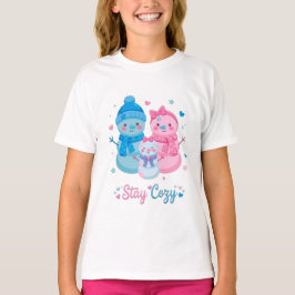 Blijf Cozy Sneeuwman Familie Roze Blauwe Strik Sch T-shirt