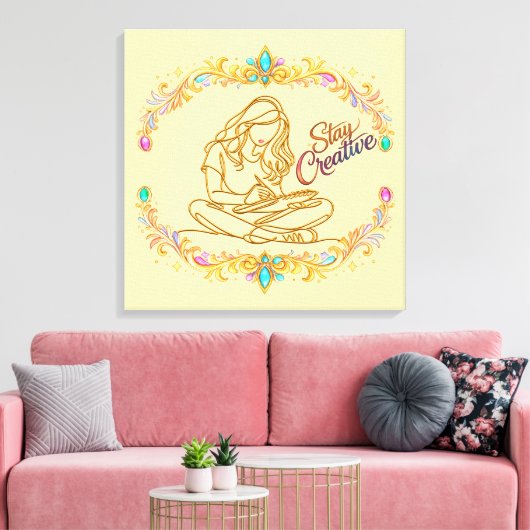 Blijf creatief goudlijn kunst canvasprint | Elegan Canvas Afdruk (Insitu (Woonkamer))