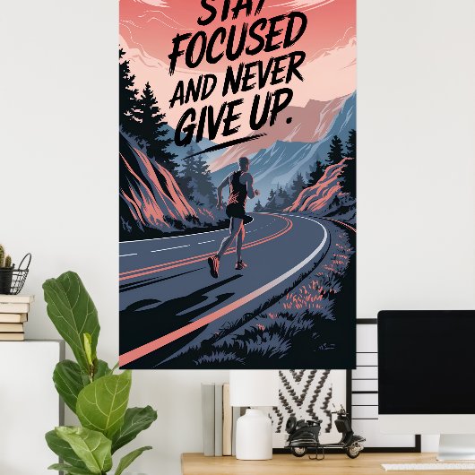 Blijf gefocust en geef nooit op poster (Thuiskantoor)