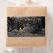 Blijf gezellig en warm blokhut in sneeuw foto etiket (Insitu)